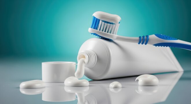 Toothbrush and toothpaste on a reflective surface with toothpaste squeezed out  oral hygiene products