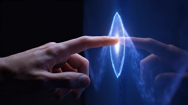 A human finger interacts with a glowing blue digital screen, creating a ripple effect