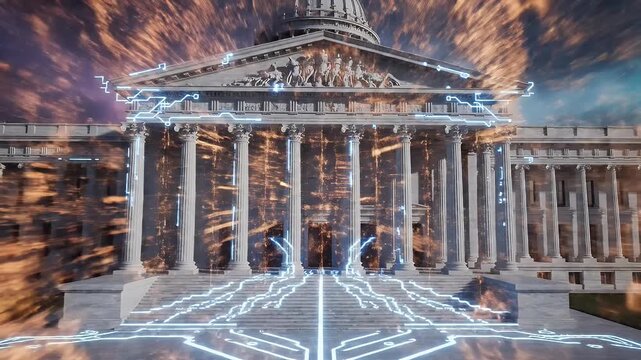 Futuristic digital lines and golden energy cascade over a majestic neoclassical facade