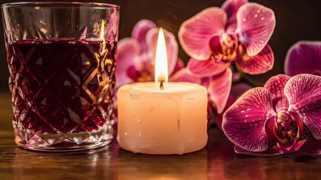 Candle, red drink in patterned glass, and pink orchids on a dark reflective surface