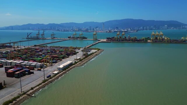 Penang Port container terminal global shipping. Stunning aerial view drone