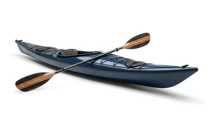 Dark blue tandem kayak with wooden paddles resting on white surface