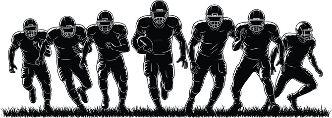 American football players silhouettes running with ball, sports team action scene, athletic competition concept illustration isolated on white background © Hello World
