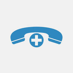 Obraz premium Blue medical emergency phone icon with plus symbol on white background
