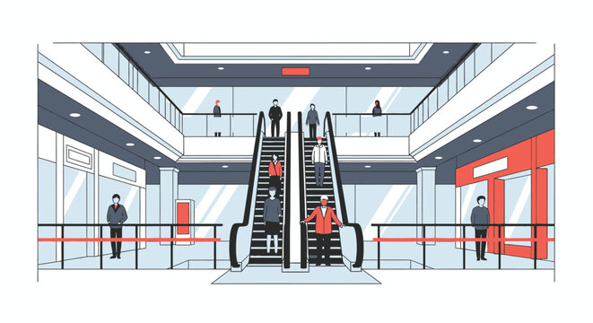 People using escalators in a modern commercial building vector illustration