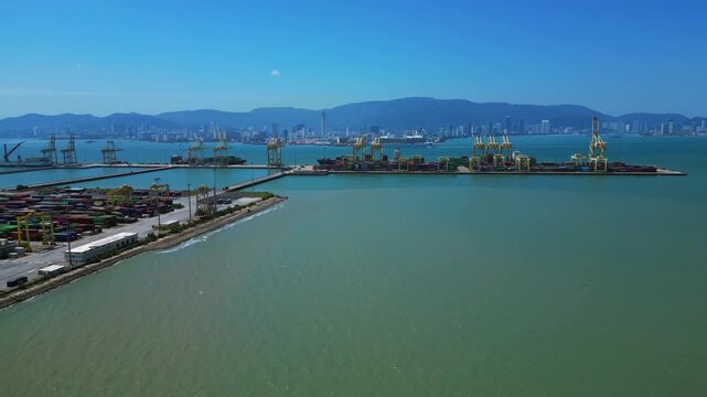 Penang Port container terminal global shipping. Fantastic aerial view drone