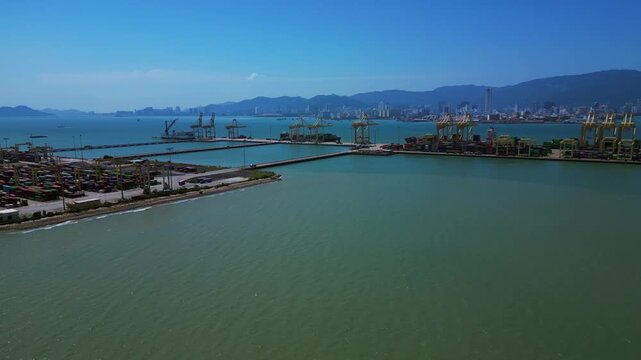 Penang Port container terminal global shipping. Unique aerial view drone