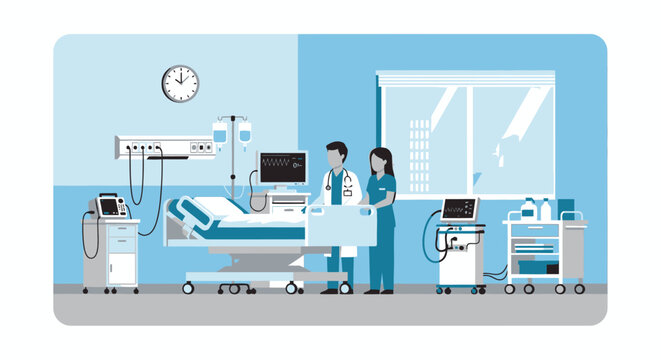Medical professionals in hospital room with equipment and patient bed