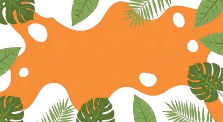 Obraz premium Tropical leaf border template with orange abstract shape