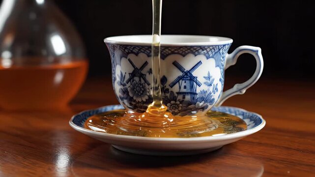 Honey pours onto saucer next to a Delftware teacup, with blurred tea pitcher