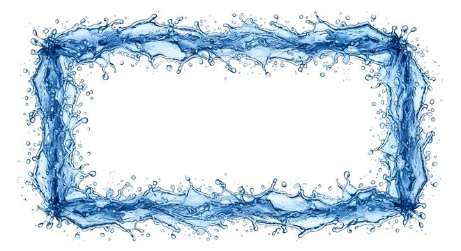Detailed and realistic blue water splash forming a rectangular frame with many scattered droplets. Great for World Water Day concepts, ecological themes, and refreshing designs.