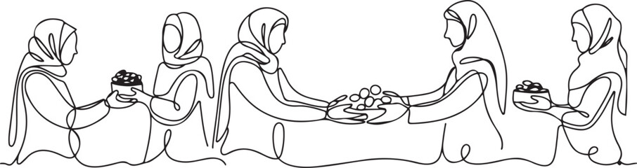 Obraz premium One continuous line of Muslim women give alms for Islamic celebration promotion model. one line Icon drawing