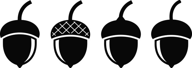 Acorn silhouette icon set vector illustration, black nut symbols, autumn forest elements, minimal design collection isolated on white background © Asha Moni