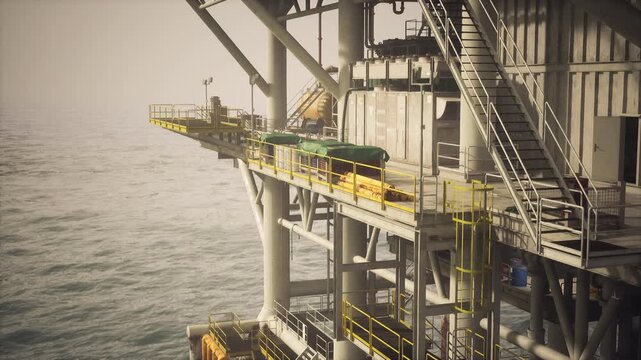 An aging oil platform stands prominently above the tranquil sea