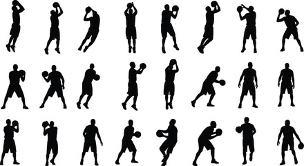 Basketball player silhouette set, athletes playing basketball, dunking, dribbling, and shooting action poses vector illustration © Morium