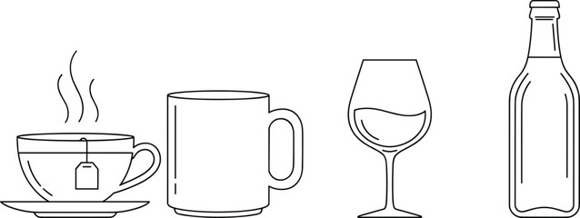 Beverage icons line art vector illustration set, tea cup, mug, wine glass, bottle, minimal drink symbols isolated on white