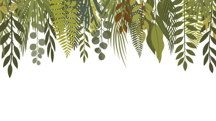 Hanging Ferns and Leaves Form Lush Green Border. © Hakagraph