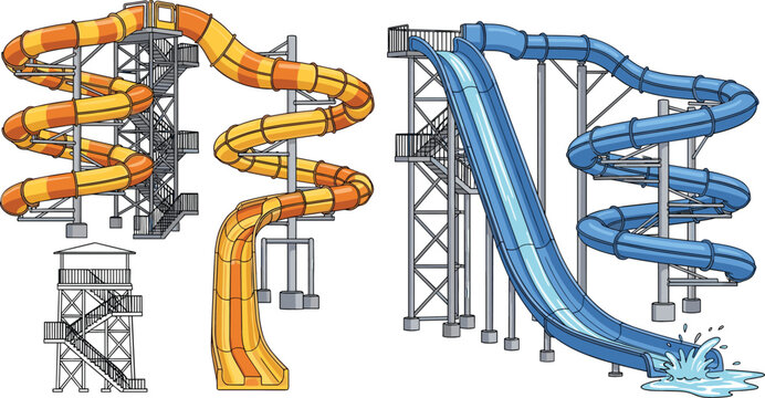 Colorful water park slide set featuring spiral tubes and steep drop slides with metal support structures vector illustration