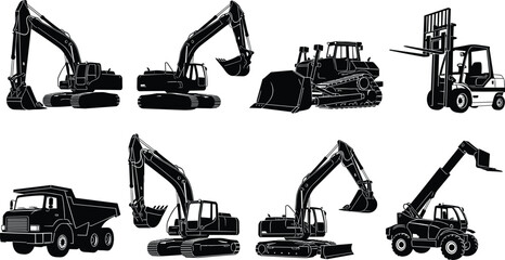 Construction machinery silhouettes collection, excavator, bulldozer, forklift and dump truck, heavy equipment industrial design elements isolated on white background © Hello World