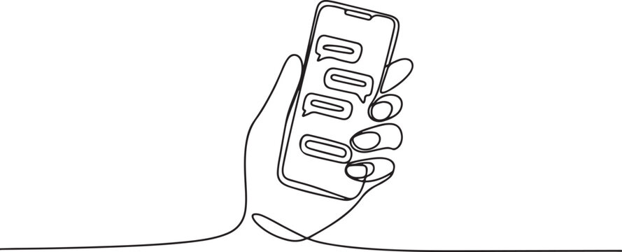 One continuous line design of hand holds the smartphone with messenger application. one line Icon drawing