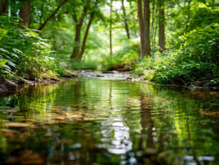 Obraz premium Tranquil forest stream flowing gently amid lush green trees and dense foliage on a sunny day in a serene natural landscape setting