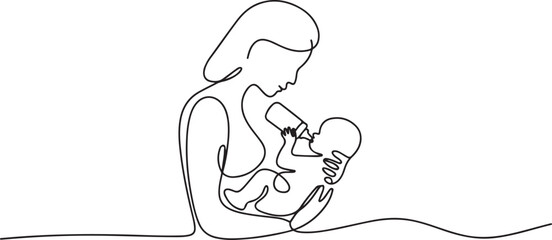 One line continuous of a mother gives milk to her baby using a pacifier. Minimalist style. one line Icon drawing