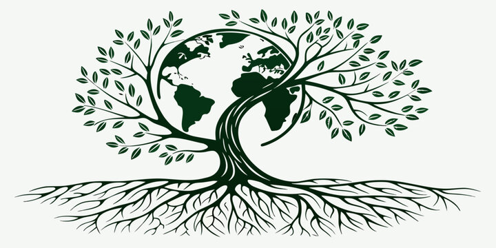 Symbolic illustration of a tree with roots embracing a globe representing unity and growth
