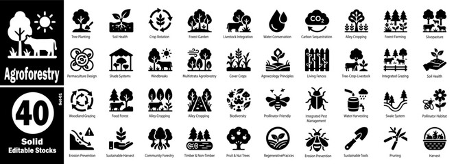 Agroforestry glyph solid icons set. Sustainable agriculture solutions vector illustration. © Hafiz