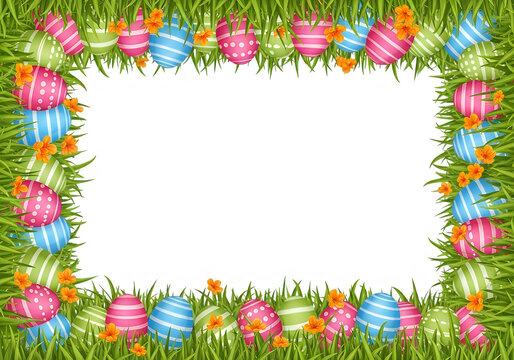 A vibrant easter frame surrounded by colorful eggs and lush greenery. isolated on transparent background easter egg, png