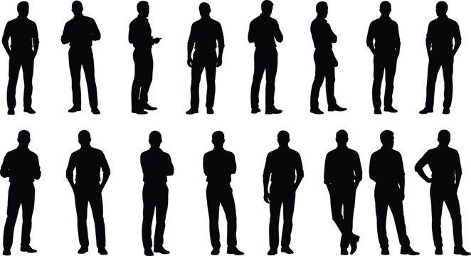 Male people silhouettes collection, casual standing and posing men figures, black human icons set for lifestyle, infographic, vector design