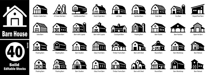 Modern gable barn house building icon set vector illustration. © Hafiz
