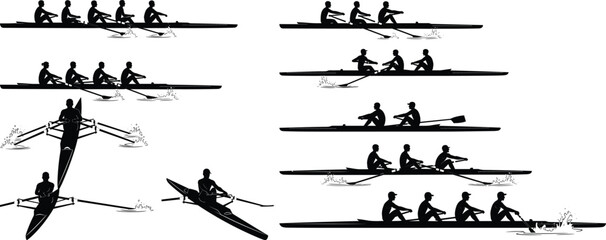 Rowing team silhouettes vector illustration set, athletes in racing boats, water sport competition concept, black design isolated on white background © Asha Moni