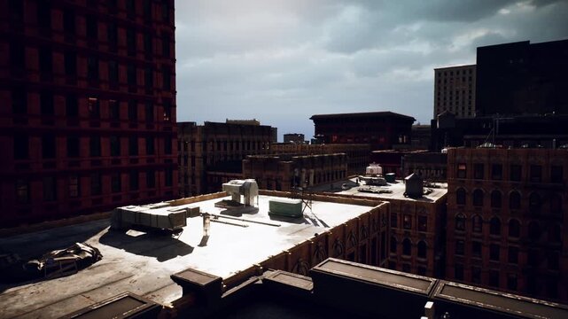 Buildings interlock in an urban landscape, their rooftops illuminated by scattered sunlight. Dark clouds loom above, hinting at an impending storm.