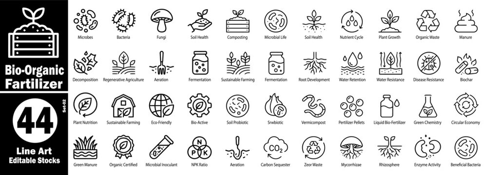 Bio-organic Fertilizer line art vector icons set. Soil elements vector illustration.