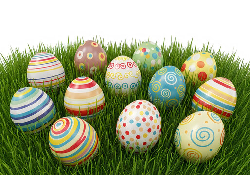 Colorful easter eggs arranged on a lush green grassy surface. isolated on transparent background easter egg, png