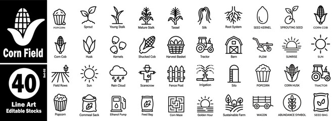 Corn production line art icons. Harvesting and industrial farm vector illustration. © Hafiz