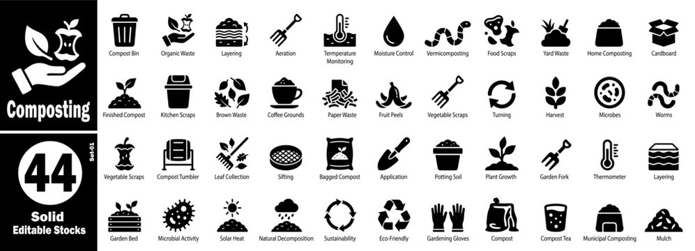 Solid composting icons set. Waste recycling and garden fertility vector illustration.