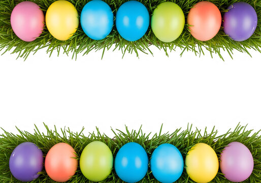 Colorful easter eggs arranged in a grassy border on a white background. isolated on transparent background easter egg, png