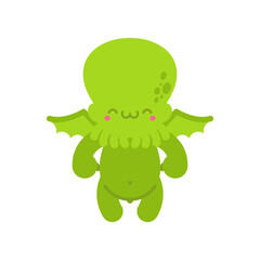 Fototapeta premium Cute small green Cthulhu monster character standing and smiling. Retro style fantasy creature icon for horror and sea myth concepts. Flat vector isolated on white.