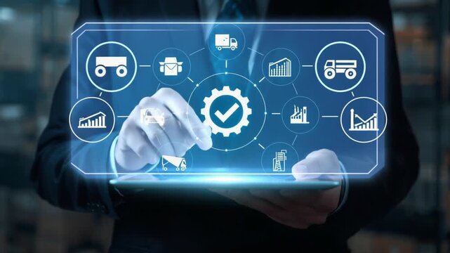 Person holding tablet with glowing digital interface of logistics and supply chain icons image photo
