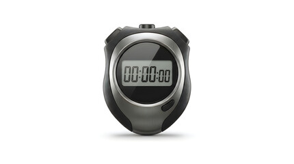 Digital stopwatch with black and silver casing showing zero time display