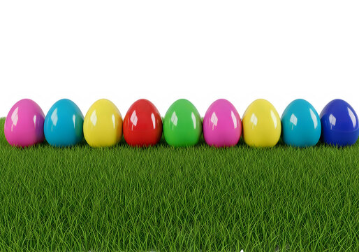 A row of colorful easter eggs on a green grassy surface against a white background. isolated on transparent background easter egg, png
