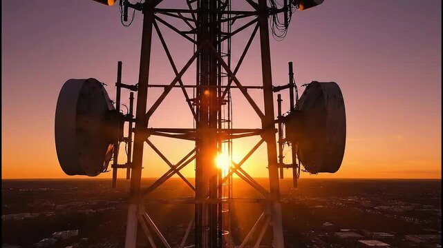 Communication Tower Silhouette Against Sunset Sky Over City