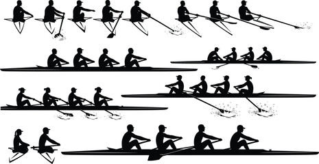 Rowing team silhouettes collection, single and crew rowers in motion, competitive water sport illustration design elements isolated on white background © Hello World