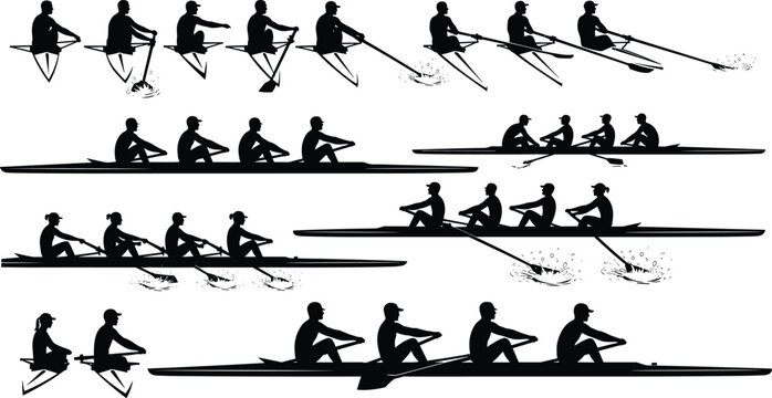 Rowing team silhouettes collection, single and crew rowers in motion, competitive water sport illustration design elements isolated on white background