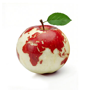 Czerwone jabłko z zielonym listkiem przy ogonku obrane ze sk&oacute;rki w kształt planety Ziemia