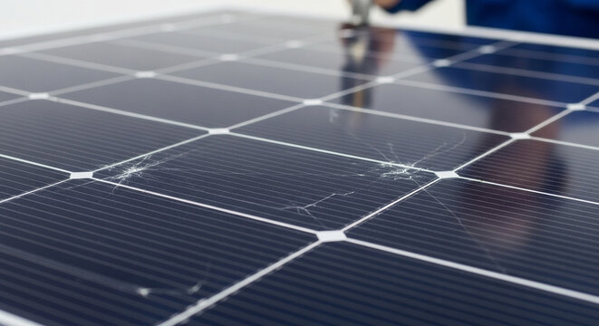 Damaged solar panel with cracks and broken cells
