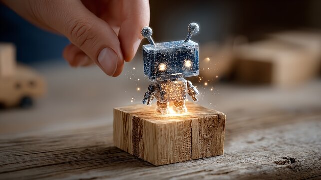 Hand Holding a Glittering Robot on a Wooden Block