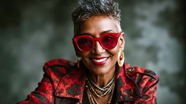 A woman wearing red sunglasses and a red jacket