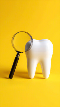 Zahnmodell mit Lupe auf gelbem Hintergrund
